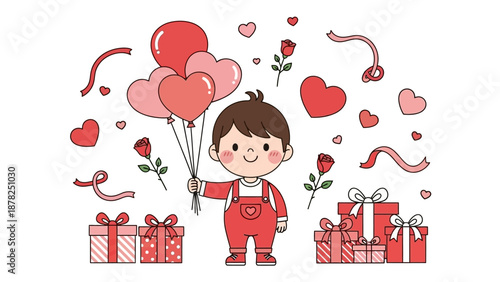 Adorable young child celebrating love with balloons and gift boxes