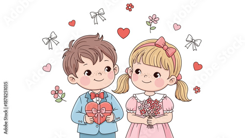 Adorable children exchanging heartfelt gifts surrounded by love symbols