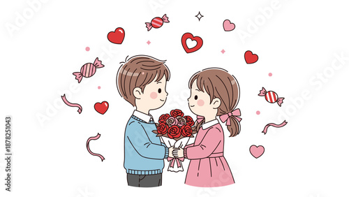 Adorable cartoon couple exchanging a heartfelt bouquet of red roses amidst