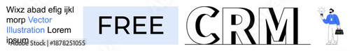 Business management, customer relationship, software tools, marketing support, online services, digital solutions. Free CRM text with a blue figure holding a clipboard. Business management