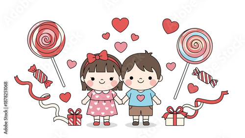 adorable cartoon children holding hands surrounded by hearts and candies