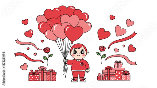Adorable child holding heart-shaped balloons with gift boxes and roses