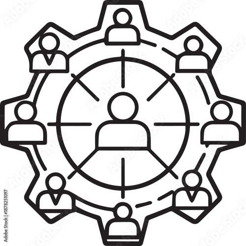 A minimalist line art vector of eight people icons arranged inside a large cogwheel, symbolizing team synergy, industrial collaboration, and synchronized workforce management.