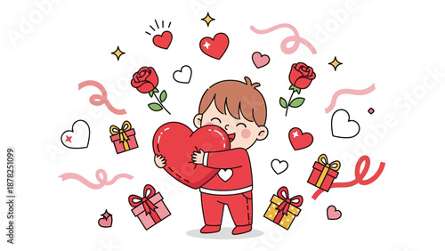 Adorable cartoon child hugging a giant heart filled with love surrounded by
