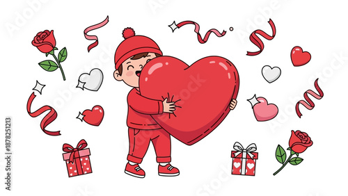 Adorable cartoon child holding a large heart surrounded by roses and gifts for