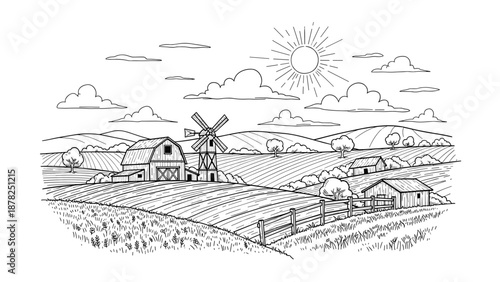 Detailed landscape line art of a farm with a barn windmill agricultural fields and a bright sun in the sky.