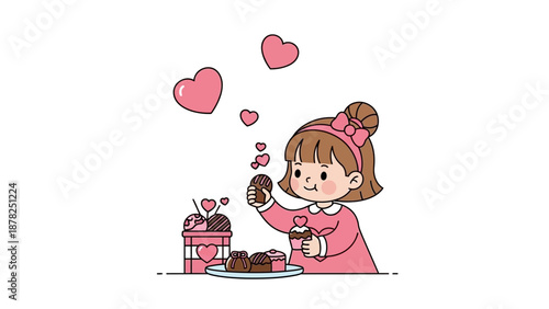 Cute cartoon girl enjoying chocolates with hearts and sweet treats delight