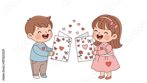 Adorable children exchanging handmade love cards with hearts and flowers