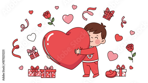 adorable child hugging a giant heart surrounded by gifts and hearts for