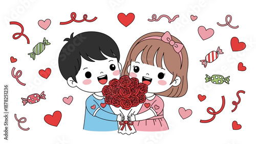 Cute cartoon children sharing a bouquet of roses with love symbols and hearts