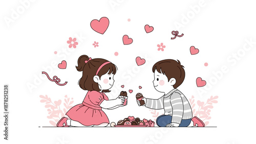 Adorable children sharing chocolates surrounded by love symbols and floral