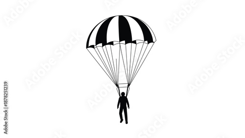 Black silhouette of a skydiver falling through the air with a large striped parachute on a white background.