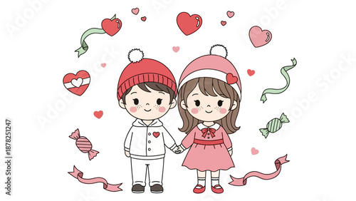Adorable cartoon children holding hands surrounded by hearts and candies
