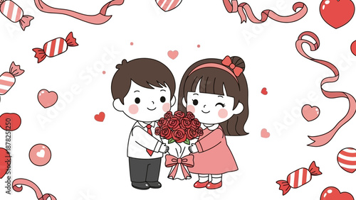 Cute cartoon couple exchanging a romantic flower bouquet amidst hearts and