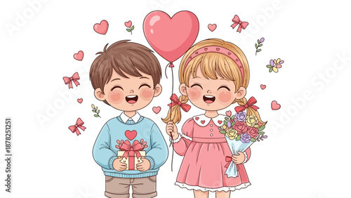 Adorable young children sharing love and joy with balloons and flowers