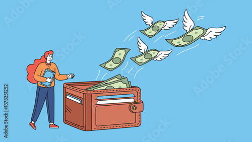 Illustration of a surprised woman as paper money with wings flies out of her large brown leather wallet.