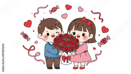 Adorable cartoon children exchanging a large bouquet of red roses on a festive