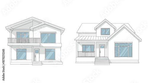 Architectural sketches of two different modern two story residential houses with large glass windows and balconies.