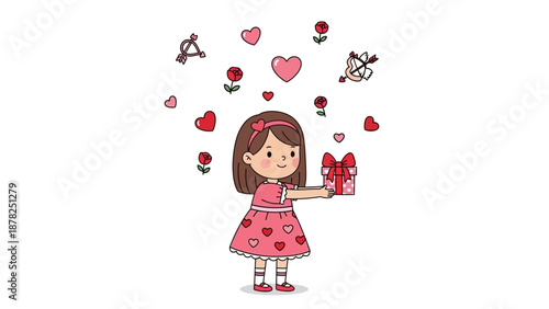 Adorable young girl holding a gift box surrounded by hearts and romantic symbols