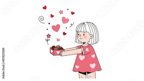 Adorable girl presenting a box of chocolates filled with love and affection