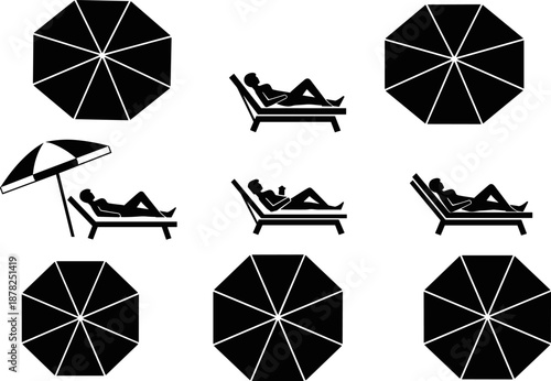 Beach umbrella and sun lounger silhouette vector illustration set depicting summer vacation leisure, seaside relaxation and outdoor travel lifestyle icons isolated on white background