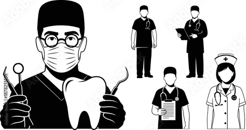 Black and white illustration of diverse medical professionals including dentist, doctors, and nurse, ideal for healthcare teamwork, hospital staff, and medical service design concepts.