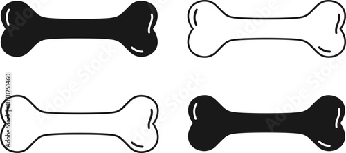 Black and white cartoon-style dog bone icons in varied fill styles, perfect for pet design, animal branding, and veterinary product illustrations.