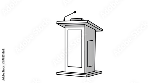 Professional gray and white lectern or podium with a mounted microphone for public speaking and speeches.