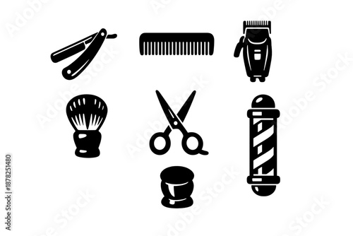 Professional barbershop grooming tools, scissors, razor, and barber pole silhouettes