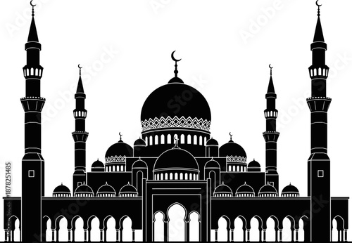 Black and white mosque silhouette with domes and minarets, Islamic architecture vector for Ramadan, Eid, prayer, religion, cultural heritage, and spiritual themes