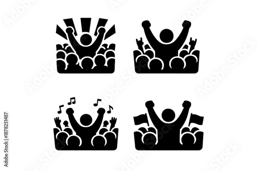Collection of four simple black icons depicting cheering crowds at a public event, concert, or political rally, raising hands, flags