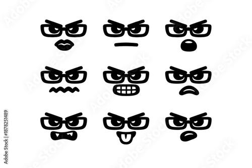 Nine grumpy cartoon faces wearing glasses with angry expressions and moods