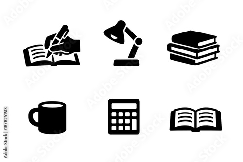 Essential learning and study items featuring books, desk lamp, calculator, and writing hand