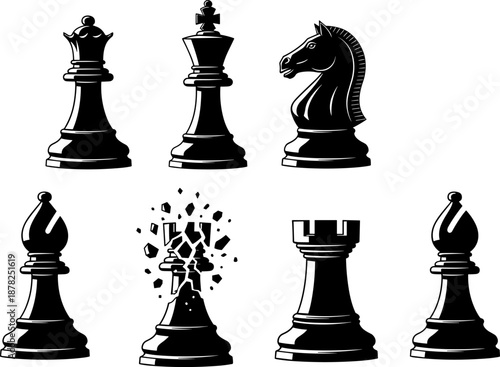 Black chess pieces in dramatic composition with exploding pawn symbolizing strategy, conflict, transformation, and power on white background for conceptual design and storytelling.