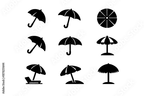 Black silhouette icons of umbrellas and beach parasols for weather and summer