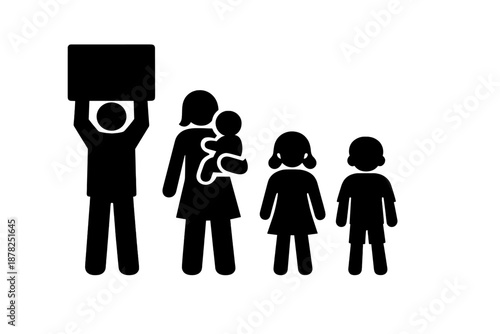 Family group pictogram demonstrating for social change holding a blank sign