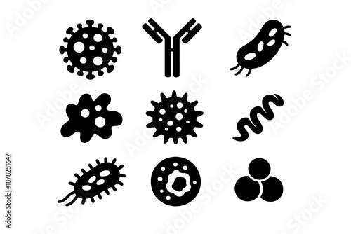 Microscopic pathogens, bacteria, viruses, and antibody symbols for biology and medicine