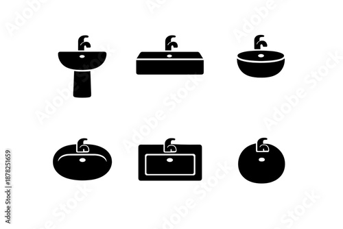 Set of six black silhouette icons of various bathroom sinks and washbasins with faucets