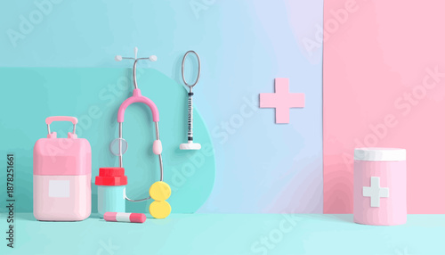 Medical equipment arranged on a colorful background