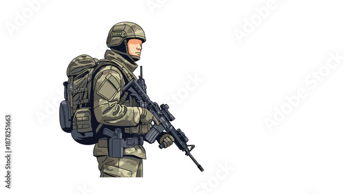Soldier in full camouflage tactical gear with a helmet and a backpack holding a modern assault rifle weapon.