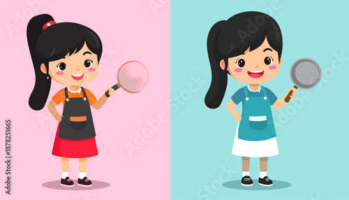 Cute girl cartoon characters with magnifying glass & pan