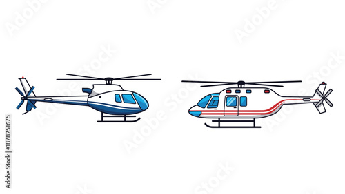 Two different styles of modern helicopters in flight including a blue and white and a red and white model.