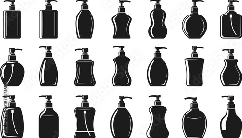 Black silhouette collection of twenty pump bottles in various shapes, ideal for packaging, branding, personal care product design, and cosmetic container illustrations.