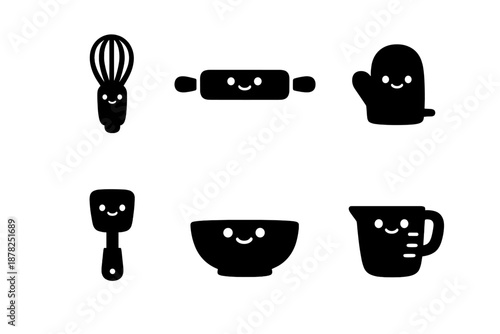 Collection of adorable kitchenware and baking equipment characters with smiling faces