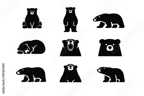 Nine stylized bear silhouettes showing walking sitting and roaring actions