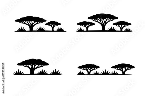African acacia tree and wild grass silhouettes collection for savanna and safari nature backgrounds