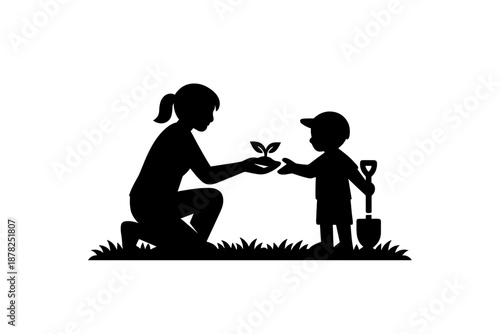 Mother and child planting a small seedling together in the grass silhouette design