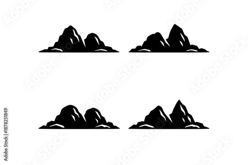 Four black mountain range silhouettes for outdoor adventure logos and badges