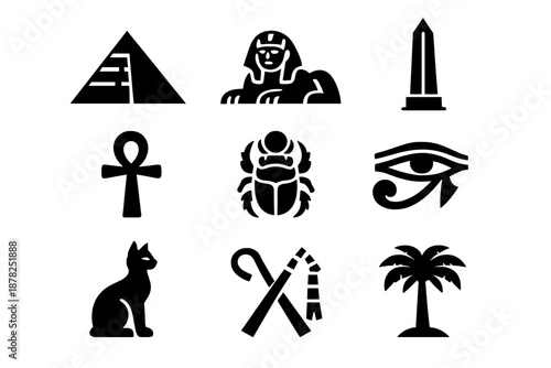 Ancient Egyptian culture icons set featuring pyramid, sphinx, obelisk, ankh, scarab, Eye of Horus, and cat silhouette