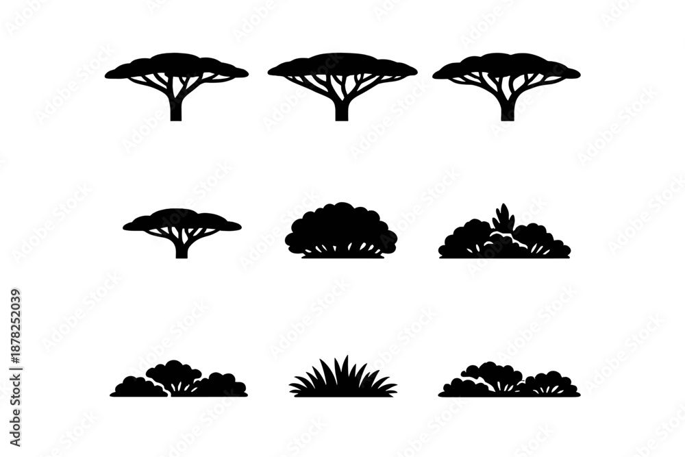 Obraz premium Diverse natural plant silhouettes including acacia trees, bushes, and grass elements